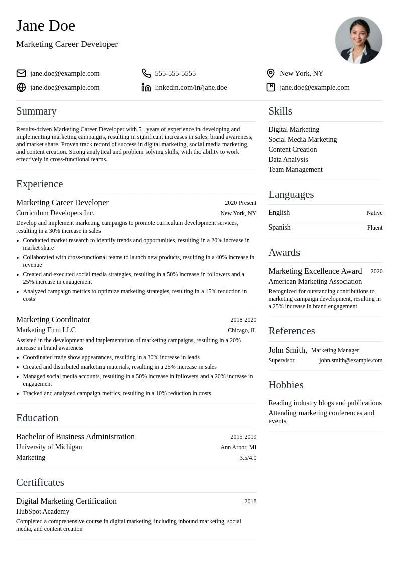 Marketing Career Developer resume example