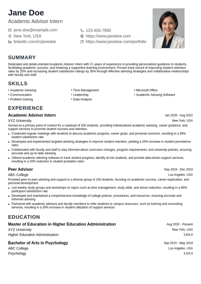 Academic Advisor Intern resume example