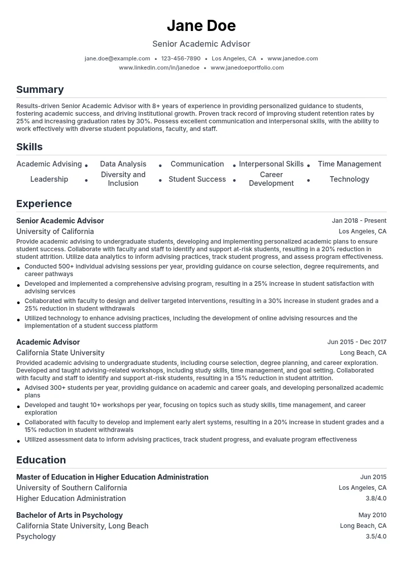 Senior Academic Advisor resume example