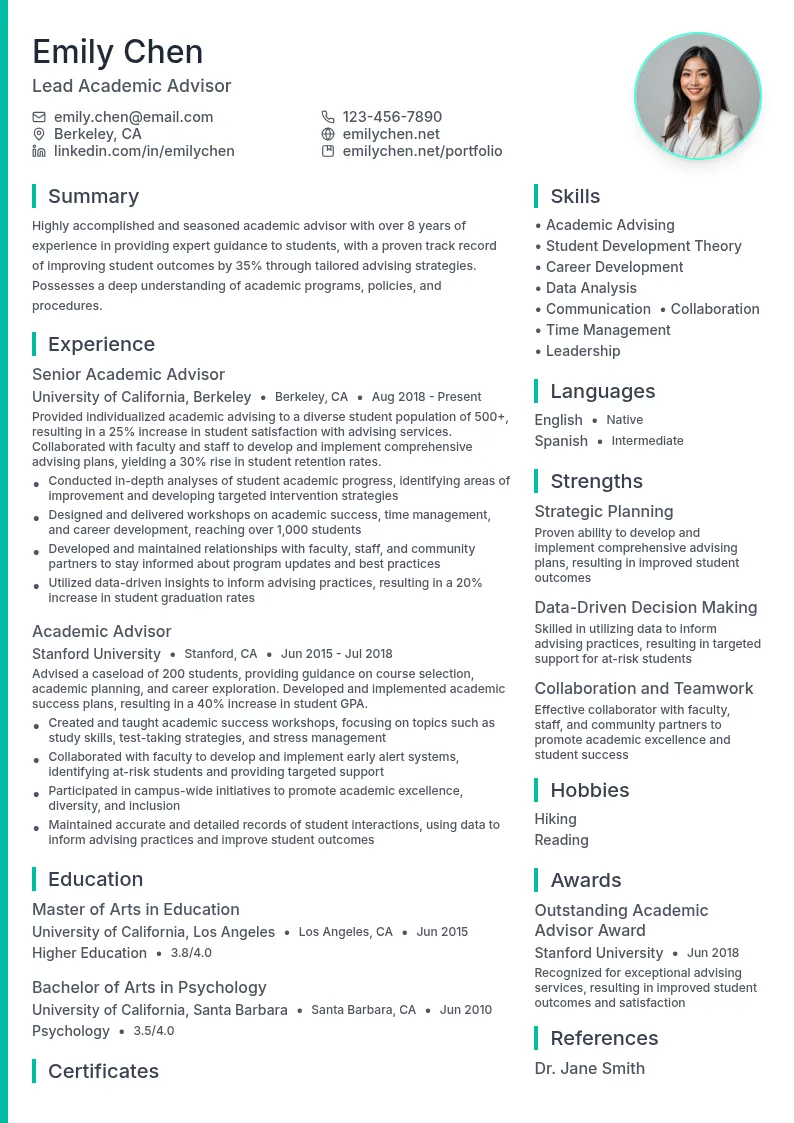 Lead Academic Advisor resume example