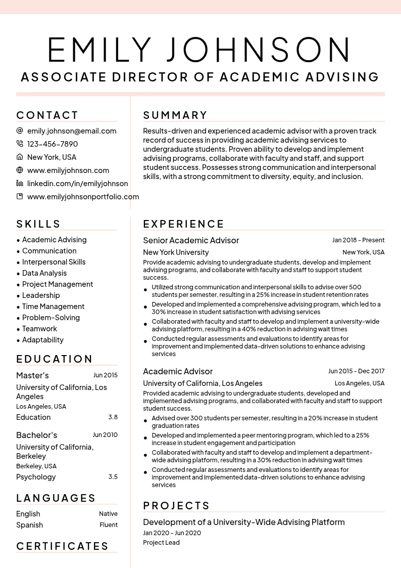 Associate Director of Academic Advising resume example