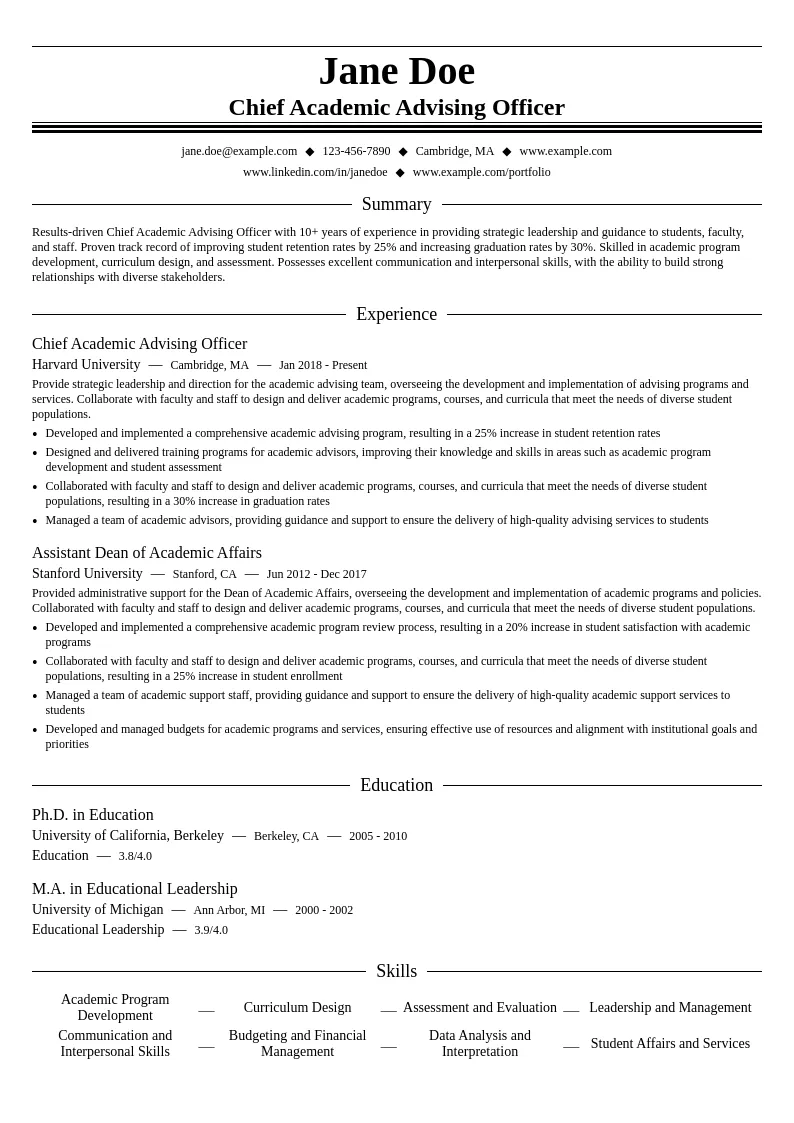 Chief Academic Advising Officer resume example