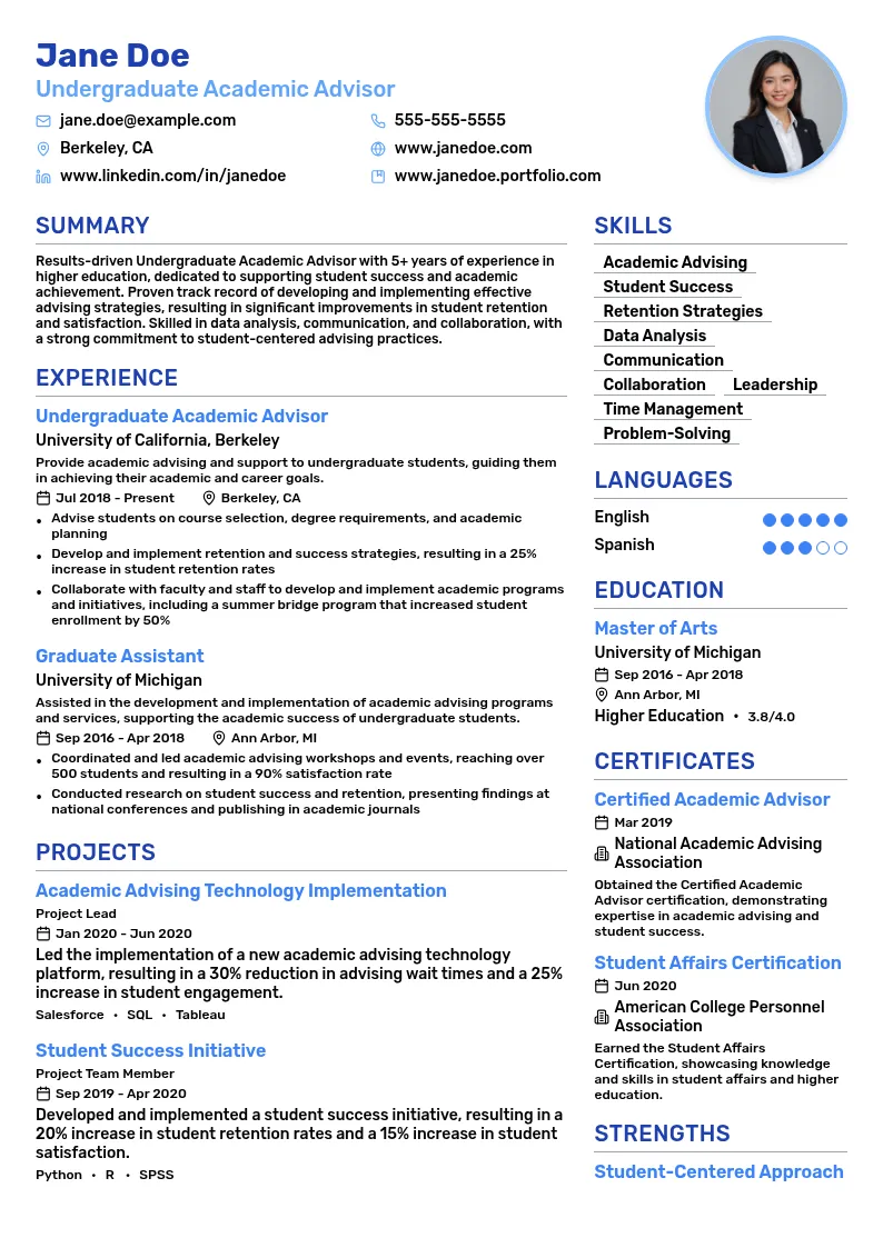 Undergraduate Academic Advisor resume example