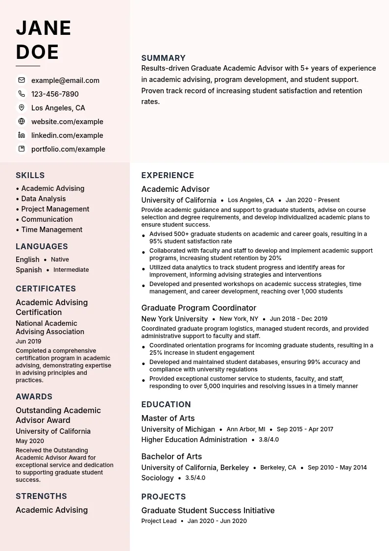 Graduate Academic Advisor resume example