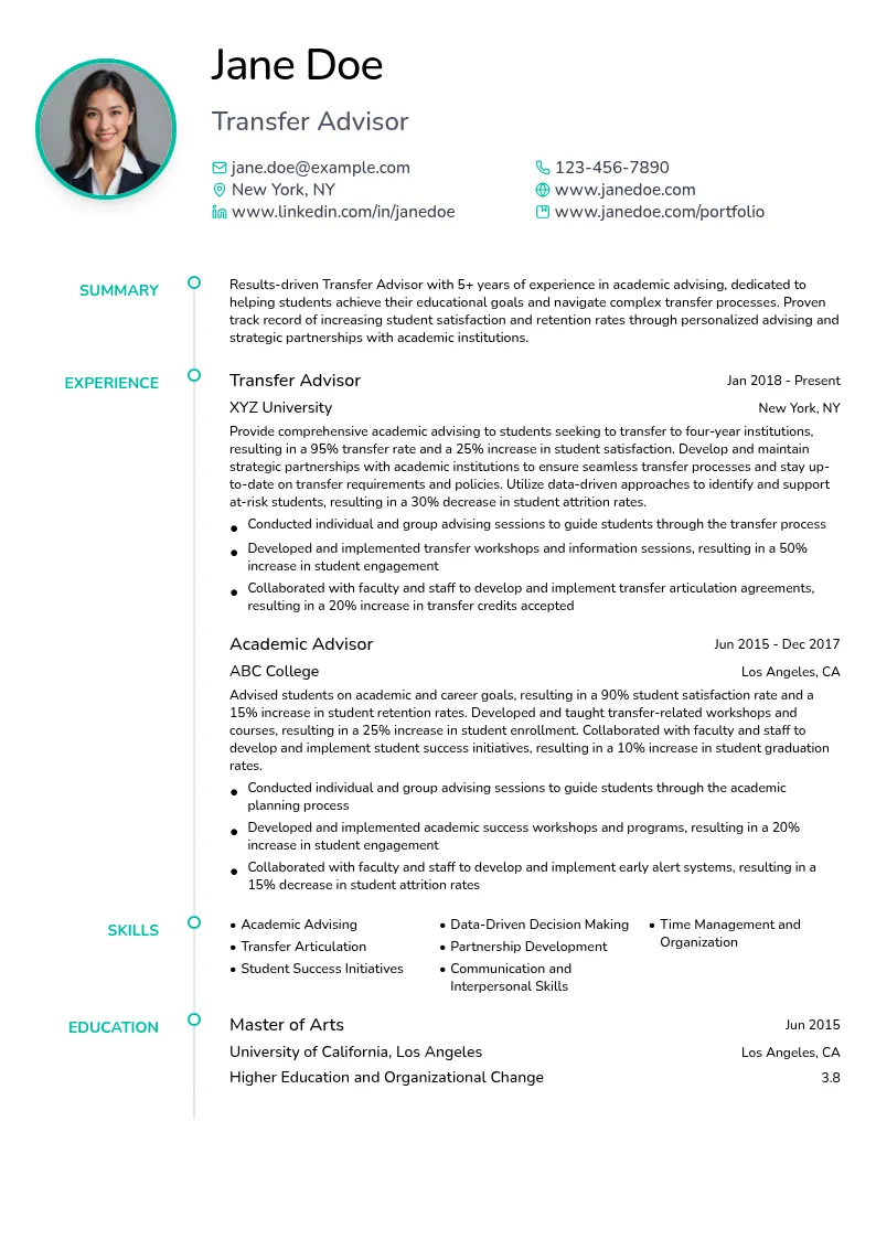 Transfer Advisor resume example
