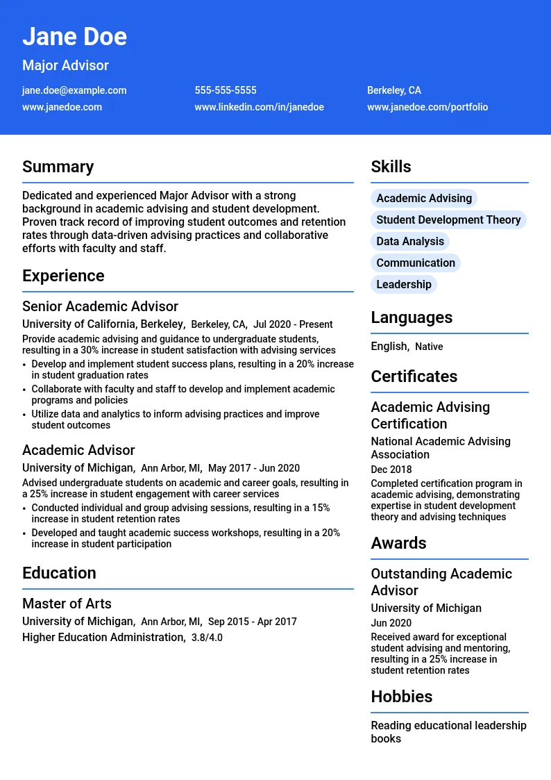 Major Advisor resume example
