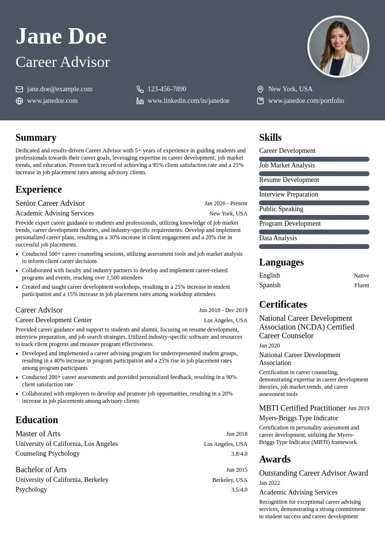 Career Advisor resume example