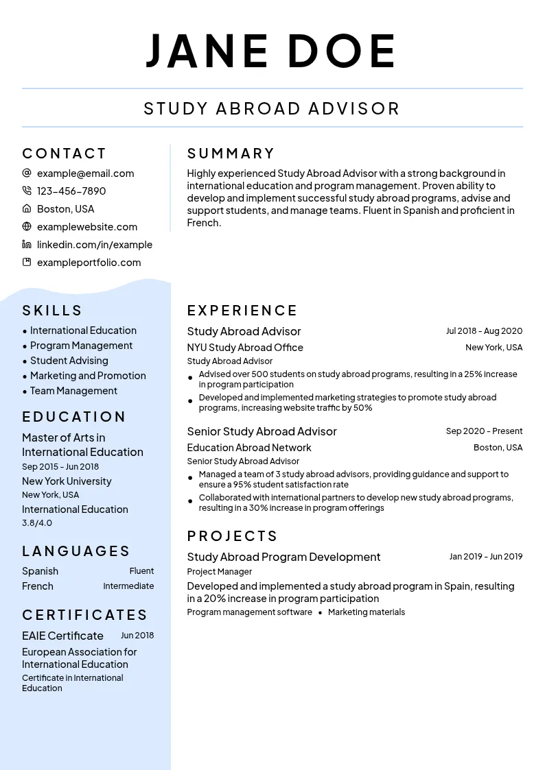 Study Abroad Advisor resume example