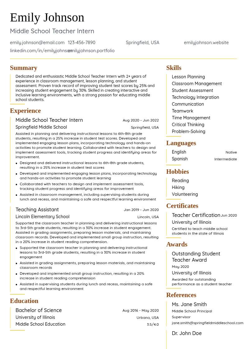 Middle School Teacher Intern resume example