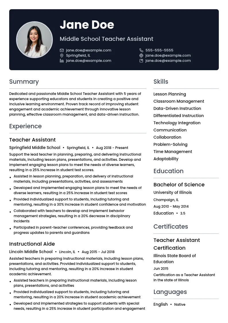 Middle School Teacher Assistant resume example