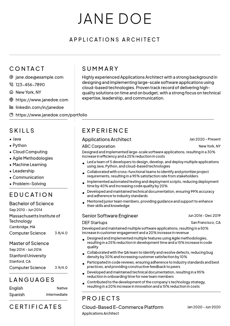 Applications Architect resume example