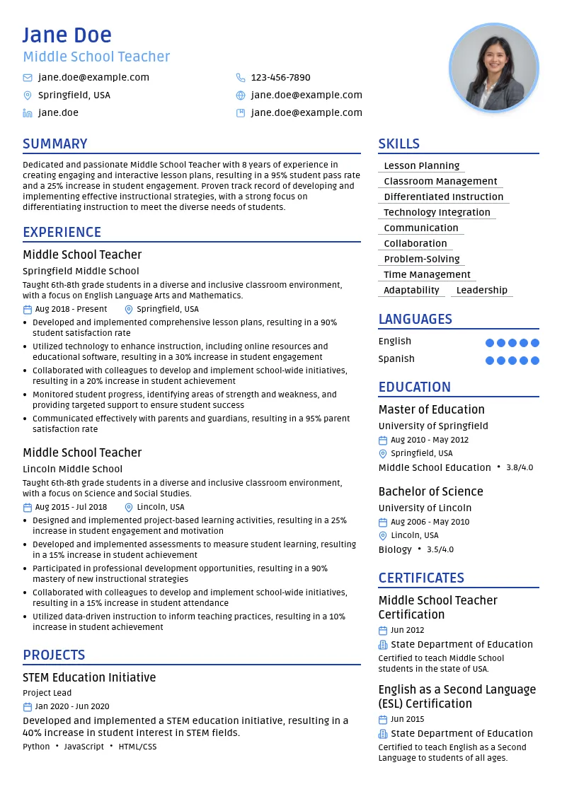 Middle School Teacher resume example