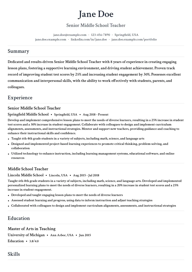 Senior Middle School Teacher resume example
