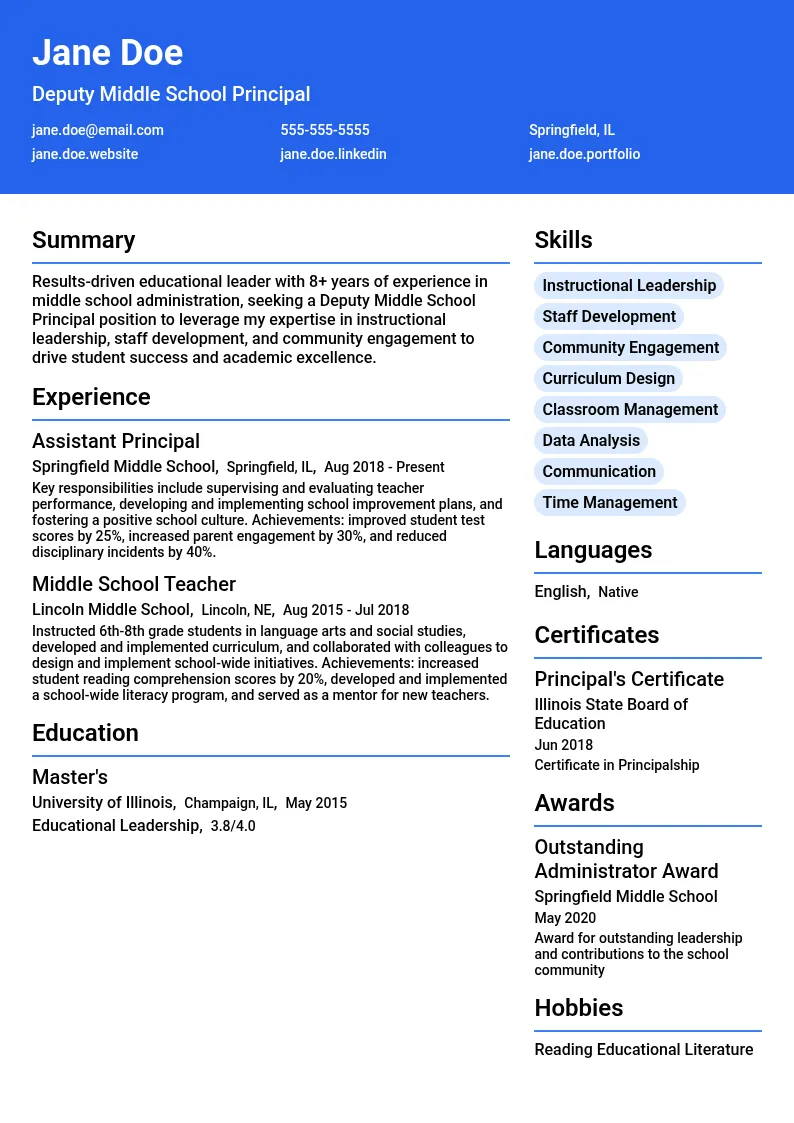 Deputy Middle School Principal resume example