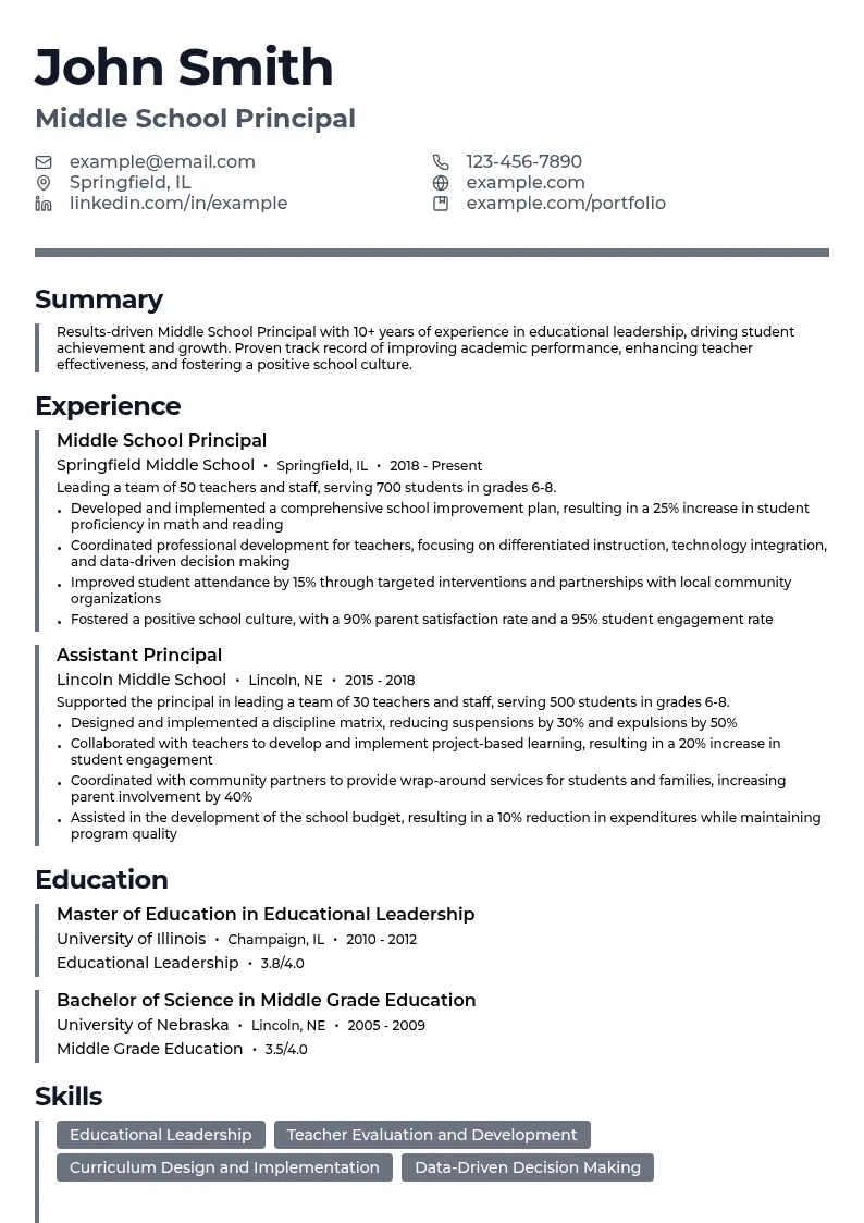 Middle School Principal resume example