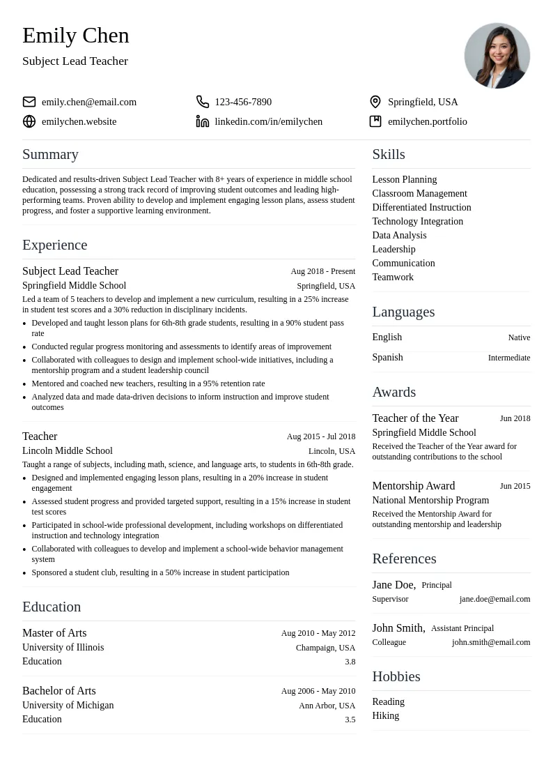 Subject Lead Teacher resume example