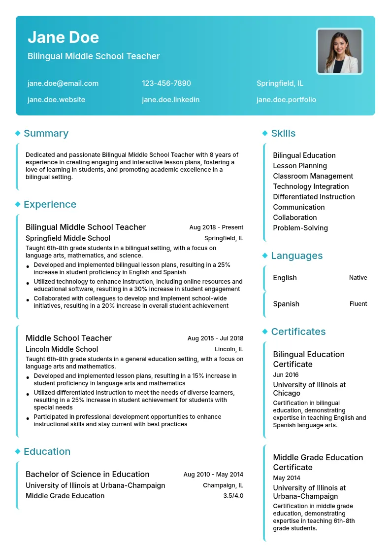Bilingual Middle School Teacher resume example