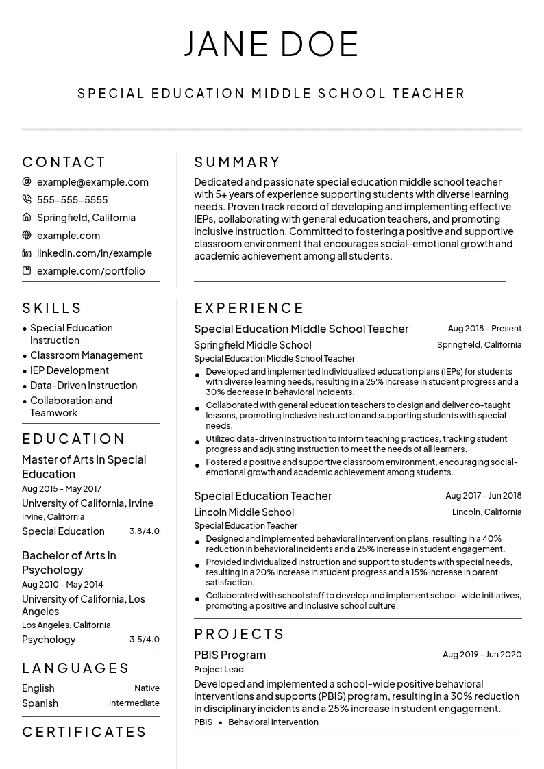 Special Education Middle School Teacher resume example