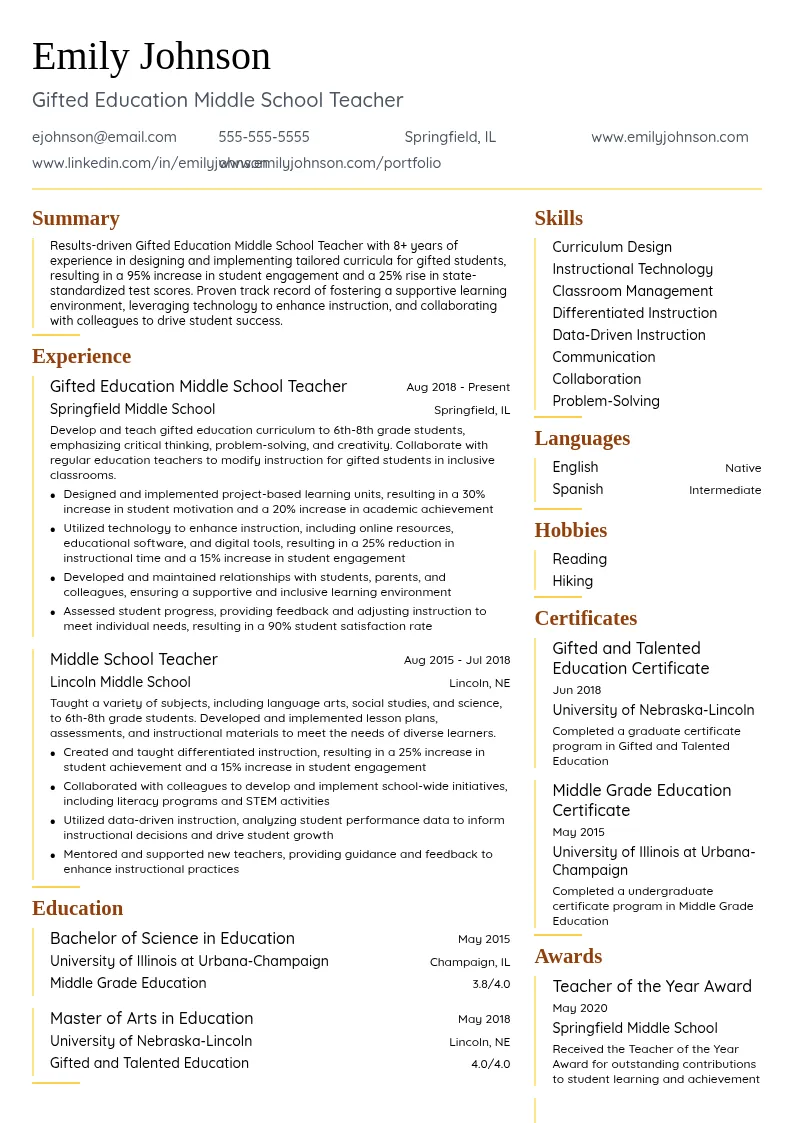 Gifted Education Middle School Teacher resume example