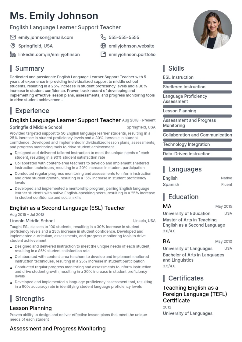 English Language Learner Support Teacher resume example