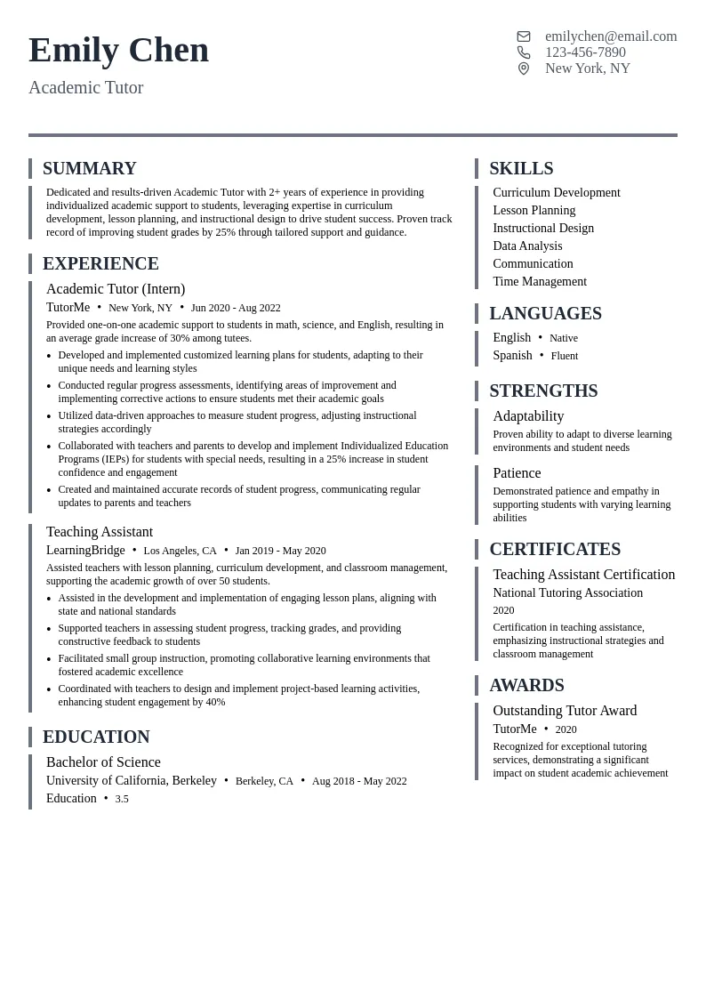 Academic Tutor (Intern) resume example