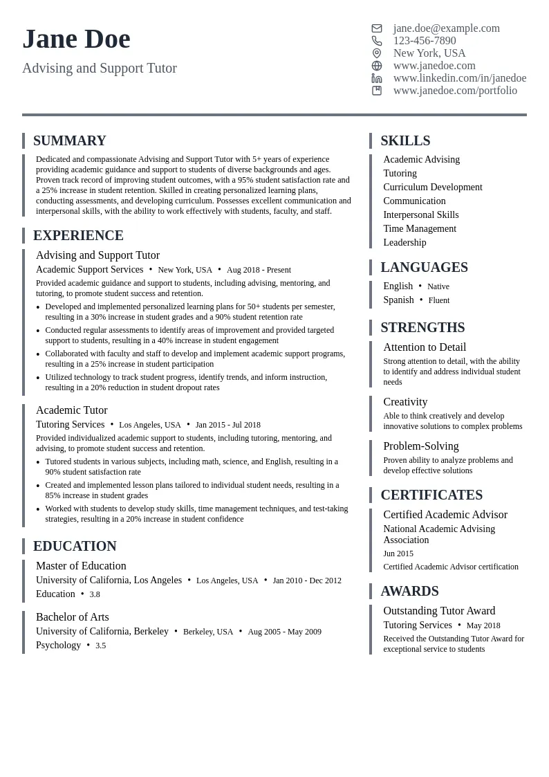 Advising and Support Tutor resume example