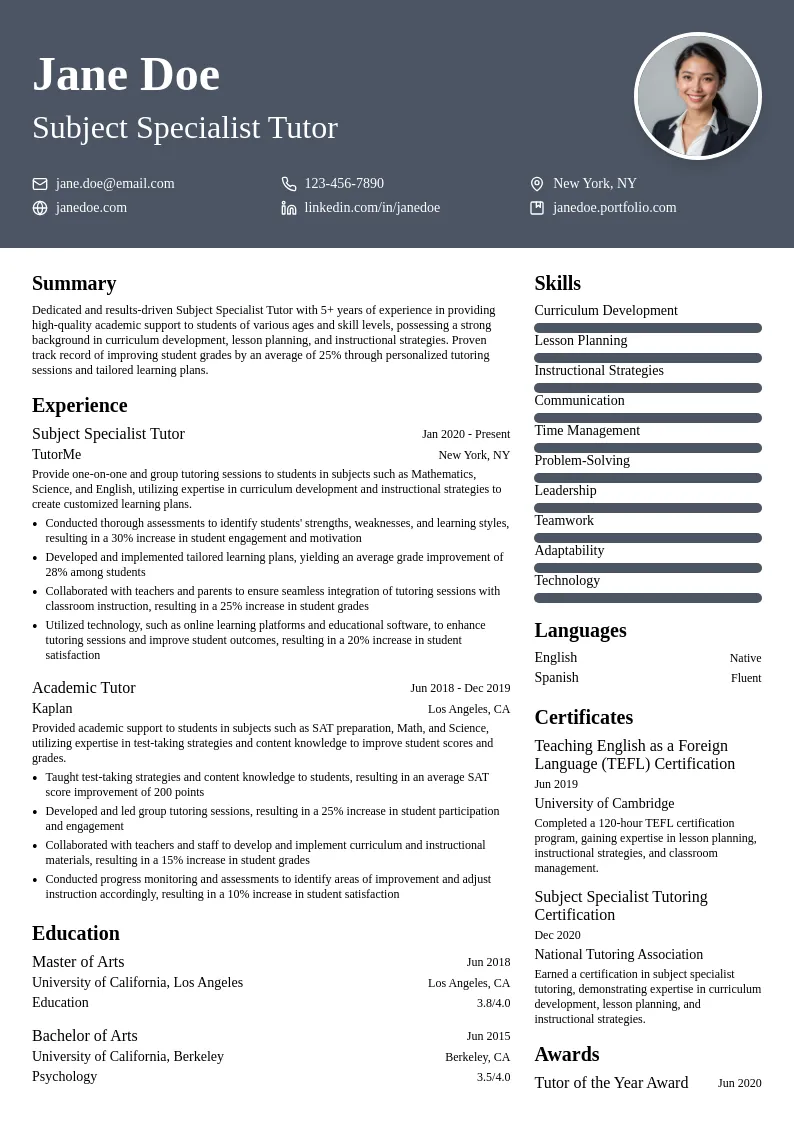 Subject Specialist Tutor resume example
