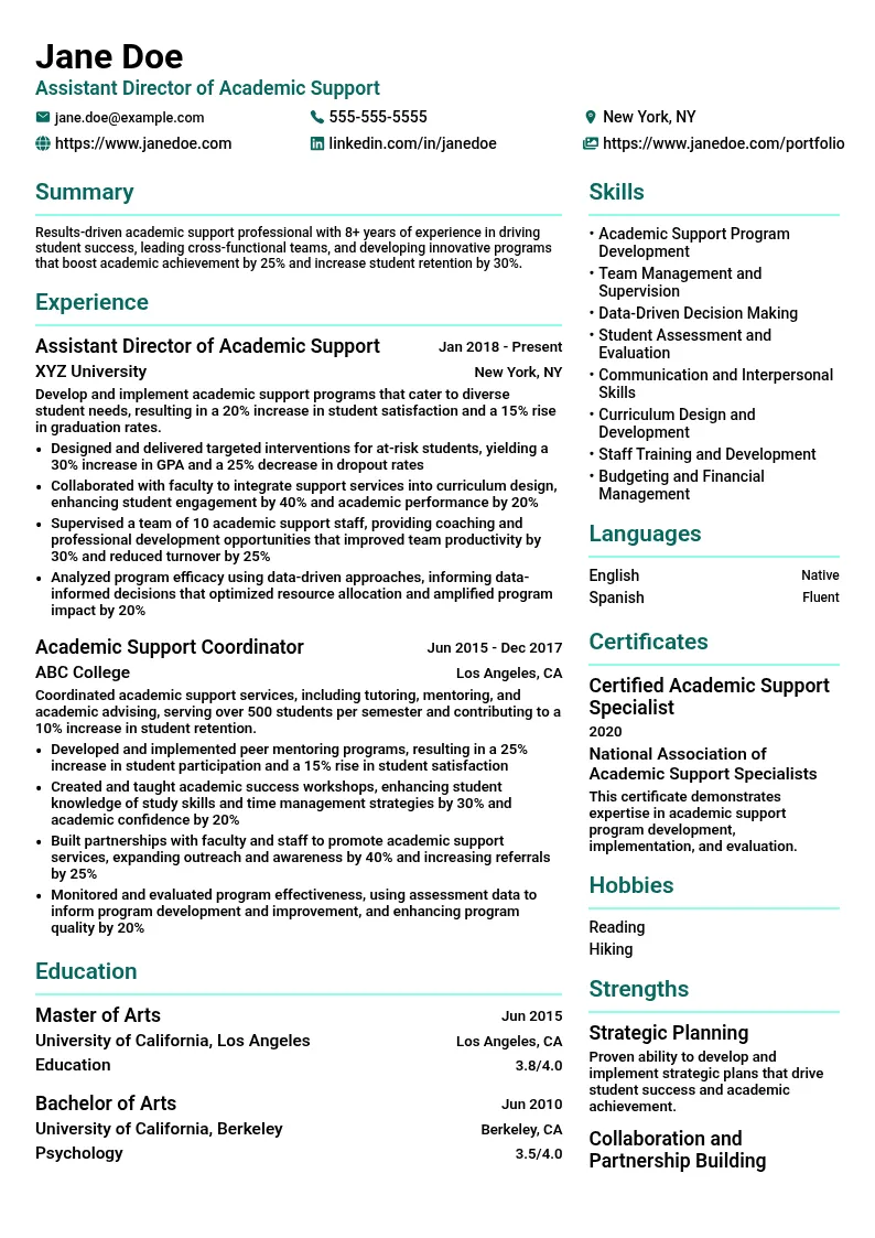 Assistant Director of Academic Support resume example