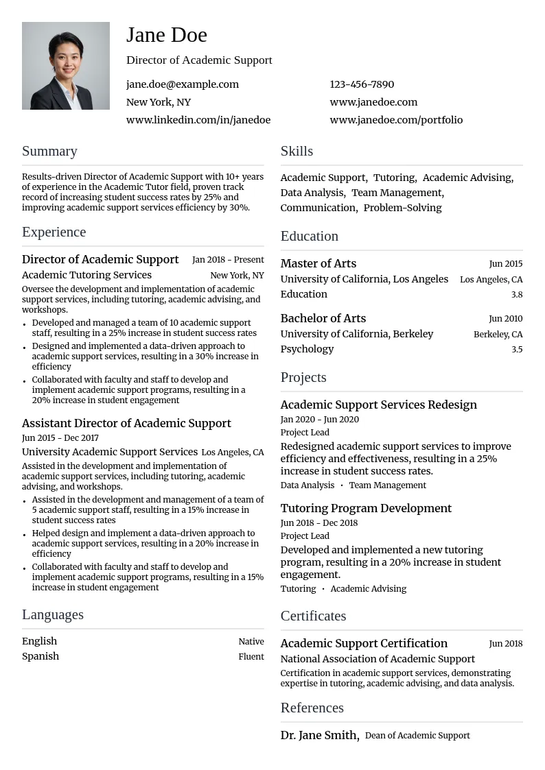 Director of Academic Support resume example