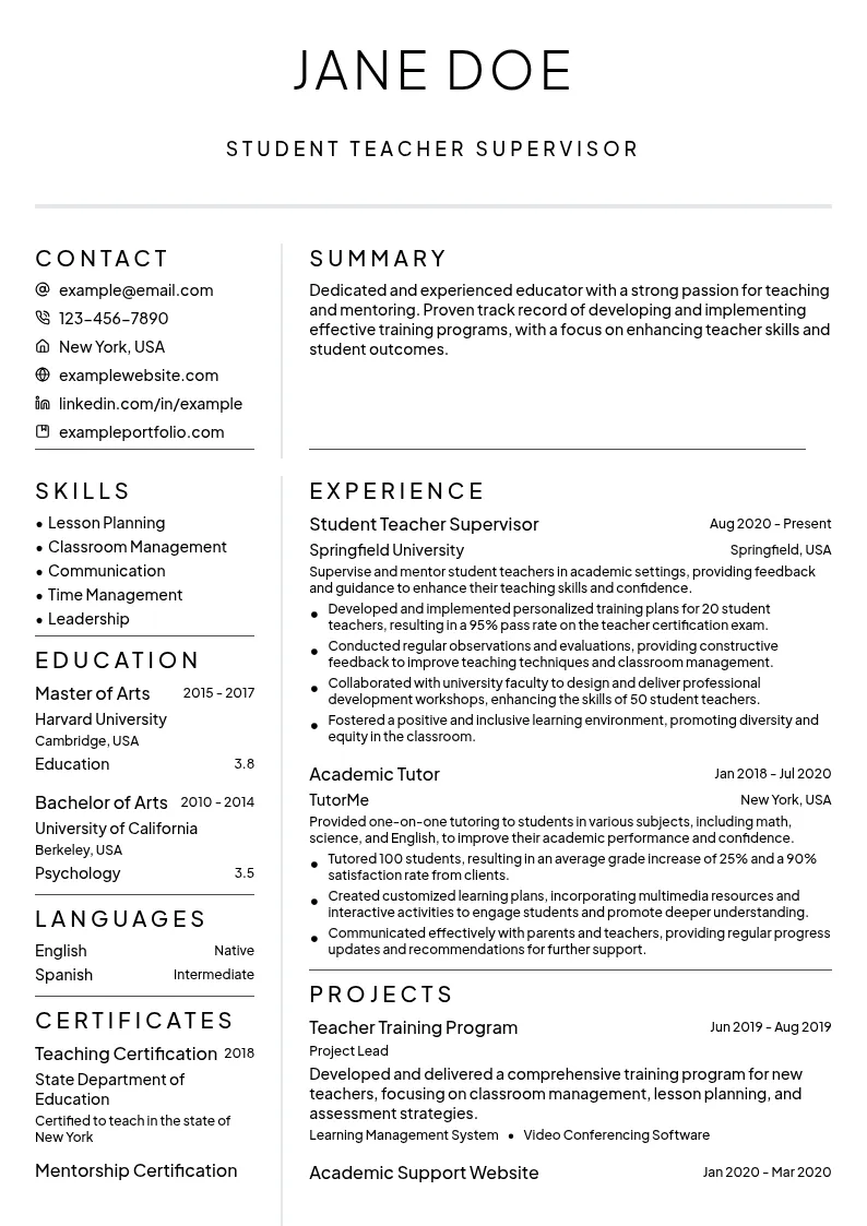 Supervising Student Teachers resume example