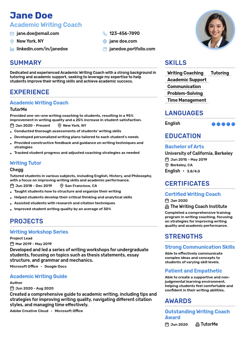 Academic Writing Coach resume example