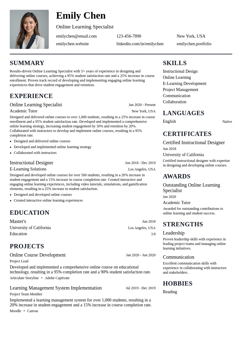 Online Learning Specialist resume example