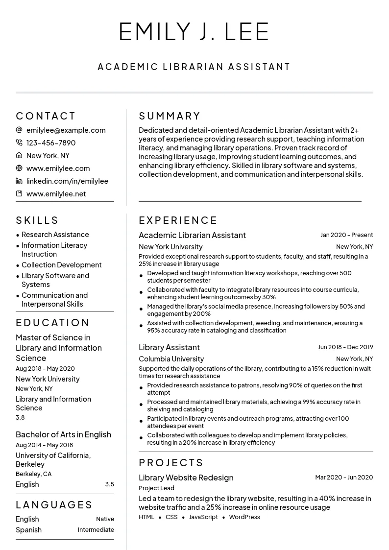 Academic Librarian Assistant resume example