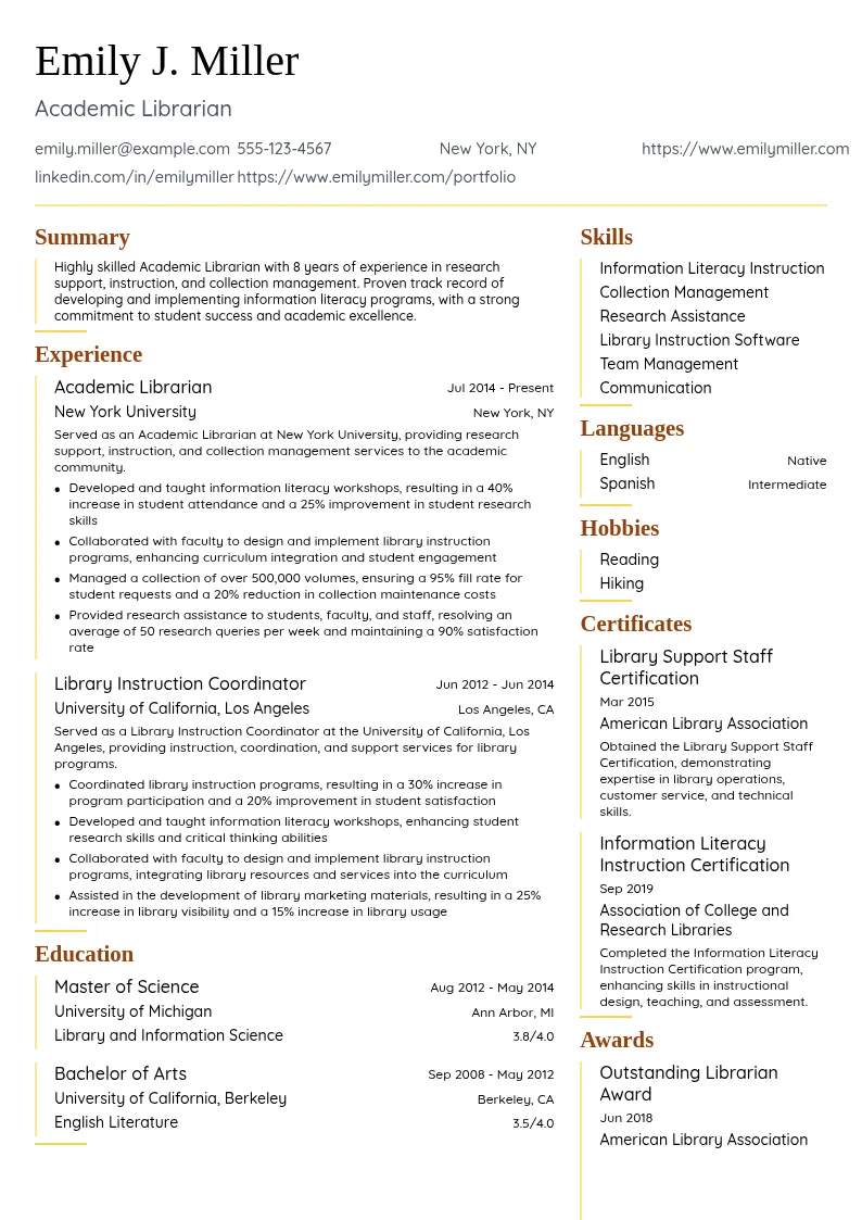 Academic Librarian resume example