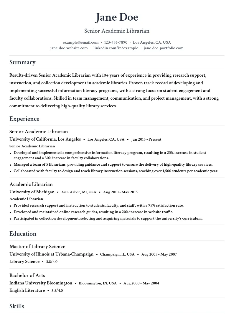 Senior Academic Librarian resume example
