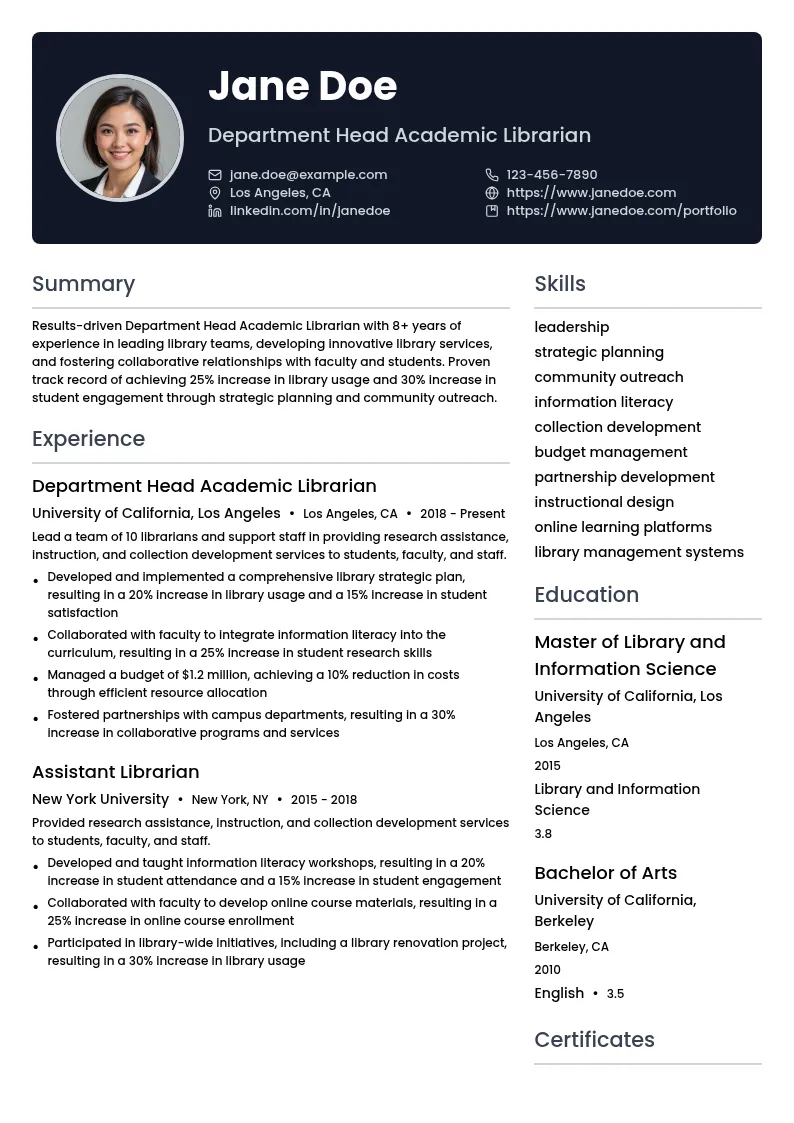 Department Head Academic Librarian resume example
