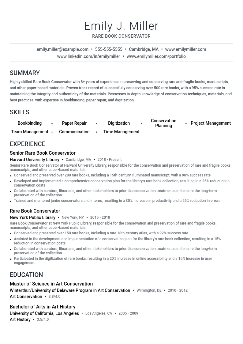  rare Book Conservator resume example