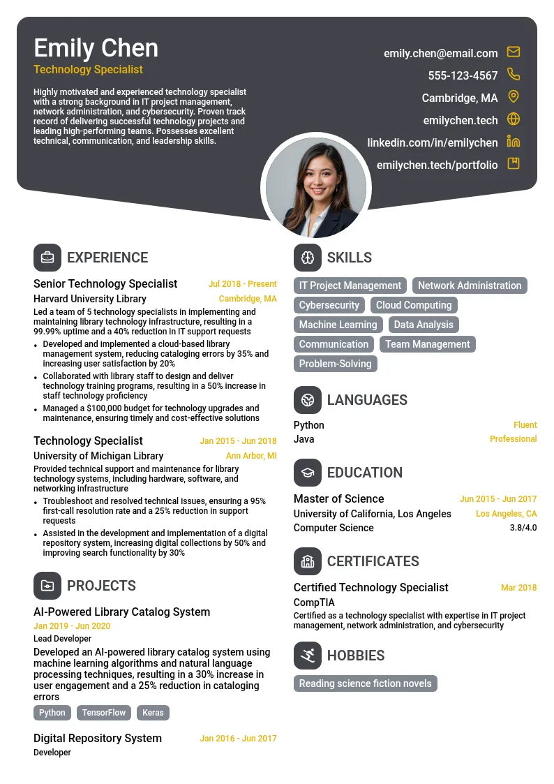 Technology Specialist resume example