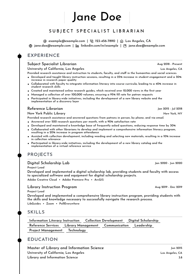 Subject Specialist Librarian resume example