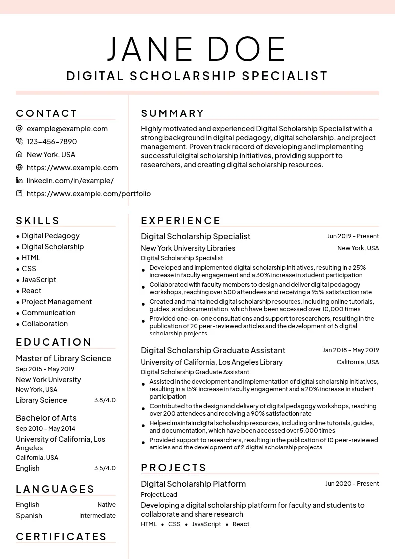 Digital Scholarship Specialist resume example
