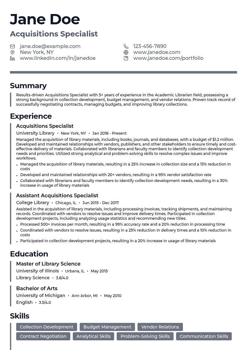 Acquisitions Specialist resume example