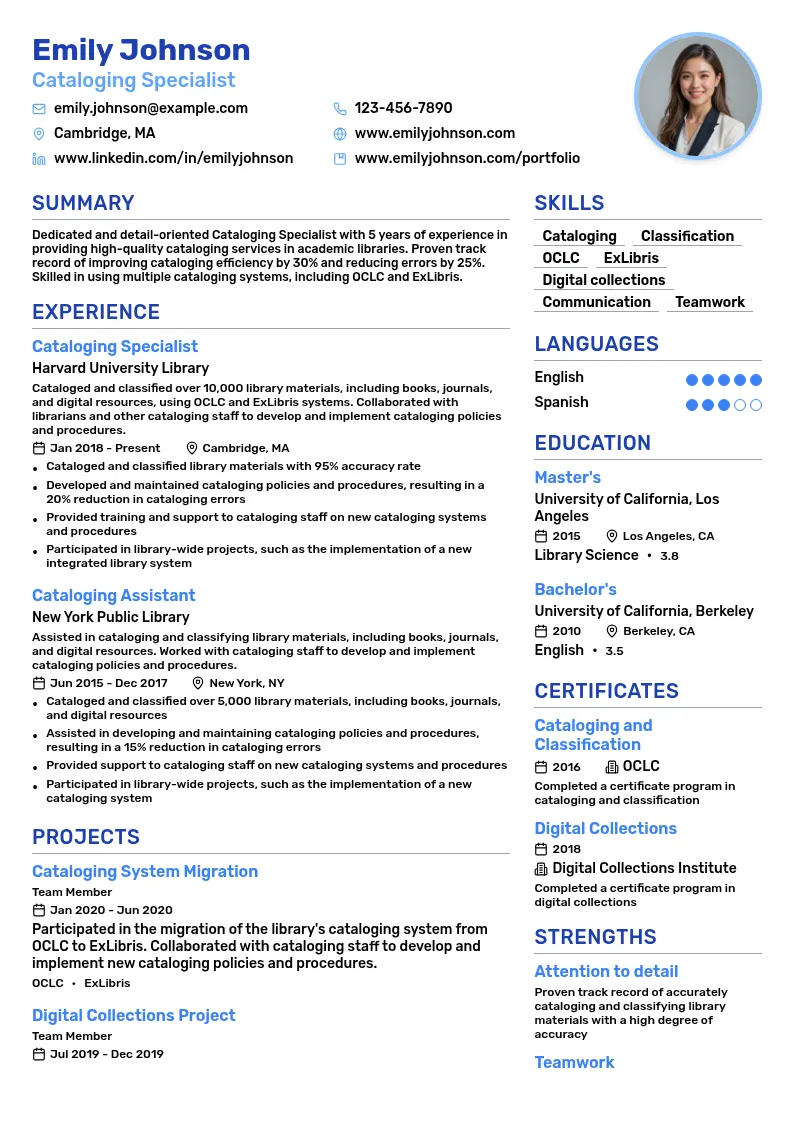 Cataloging Specialist resume example