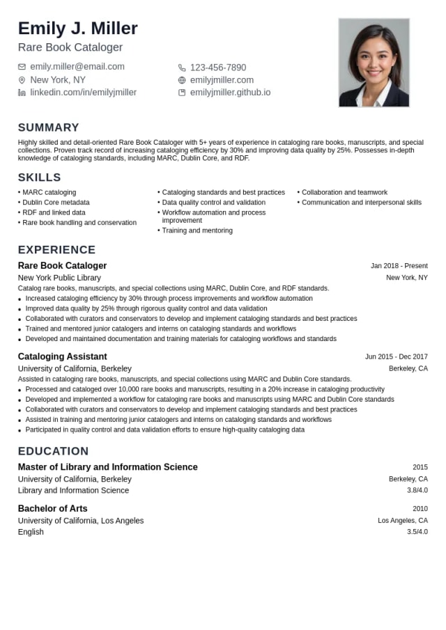 Rare Book Cataloger resume example