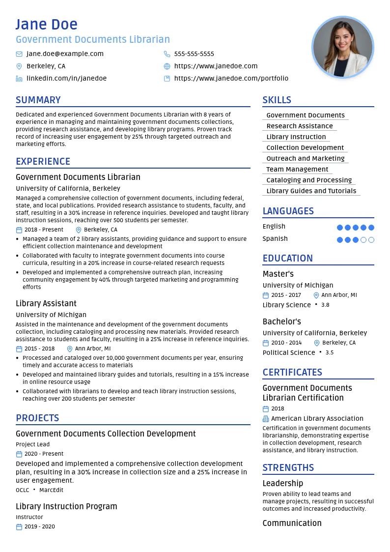 Government Documents Librarian resume example