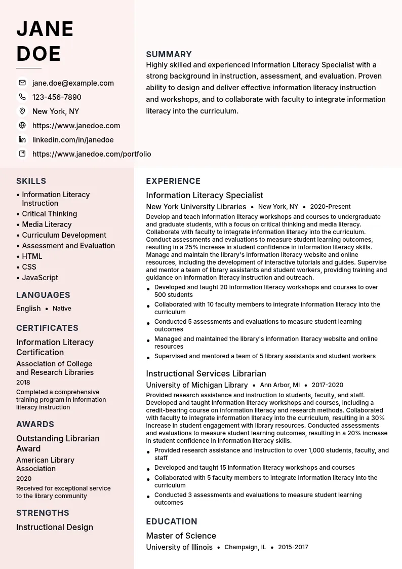 Information Literacy Specialist resume example