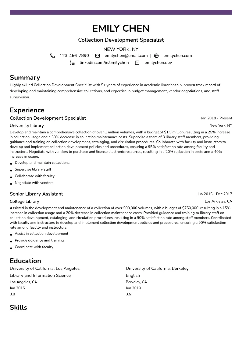 Collection Development Specialist resume example