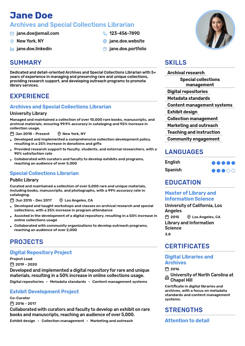 Archives and Special Collections Librarian resume example