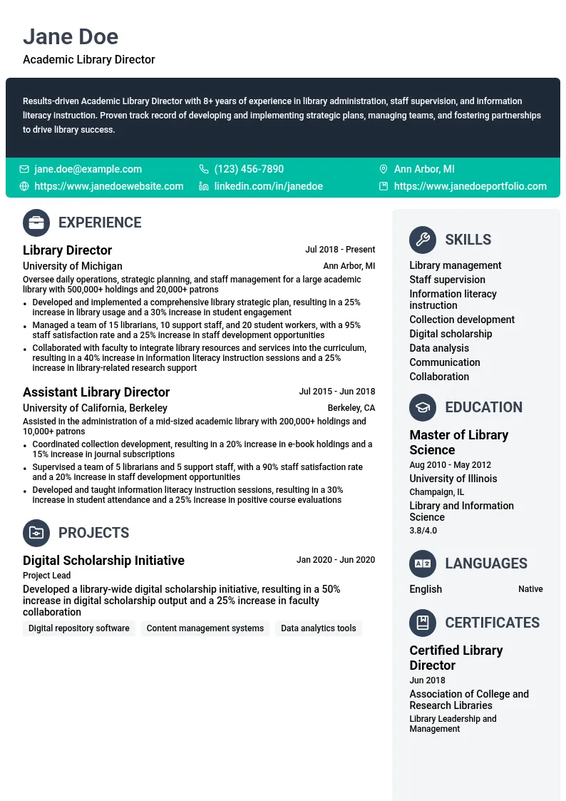 Academic Library Director resume example