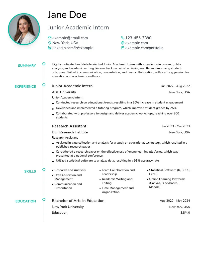 Junior Academic Intern resume example