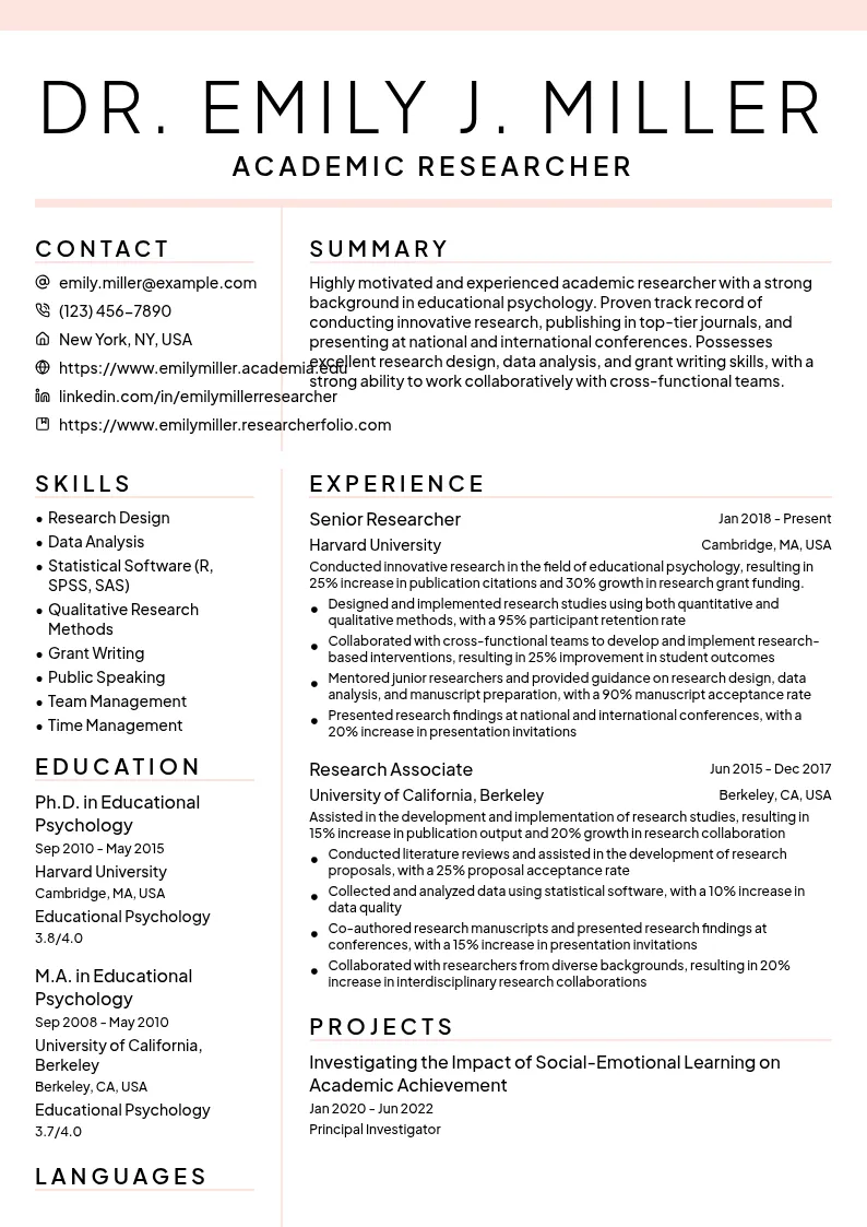 Academic Researcher resume example